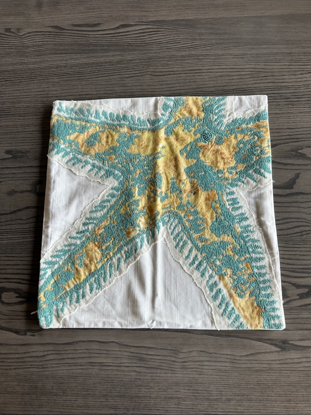 Pottery Barn Turquoise and Yellow Starfish Embroidered Pillow Cover 18” square